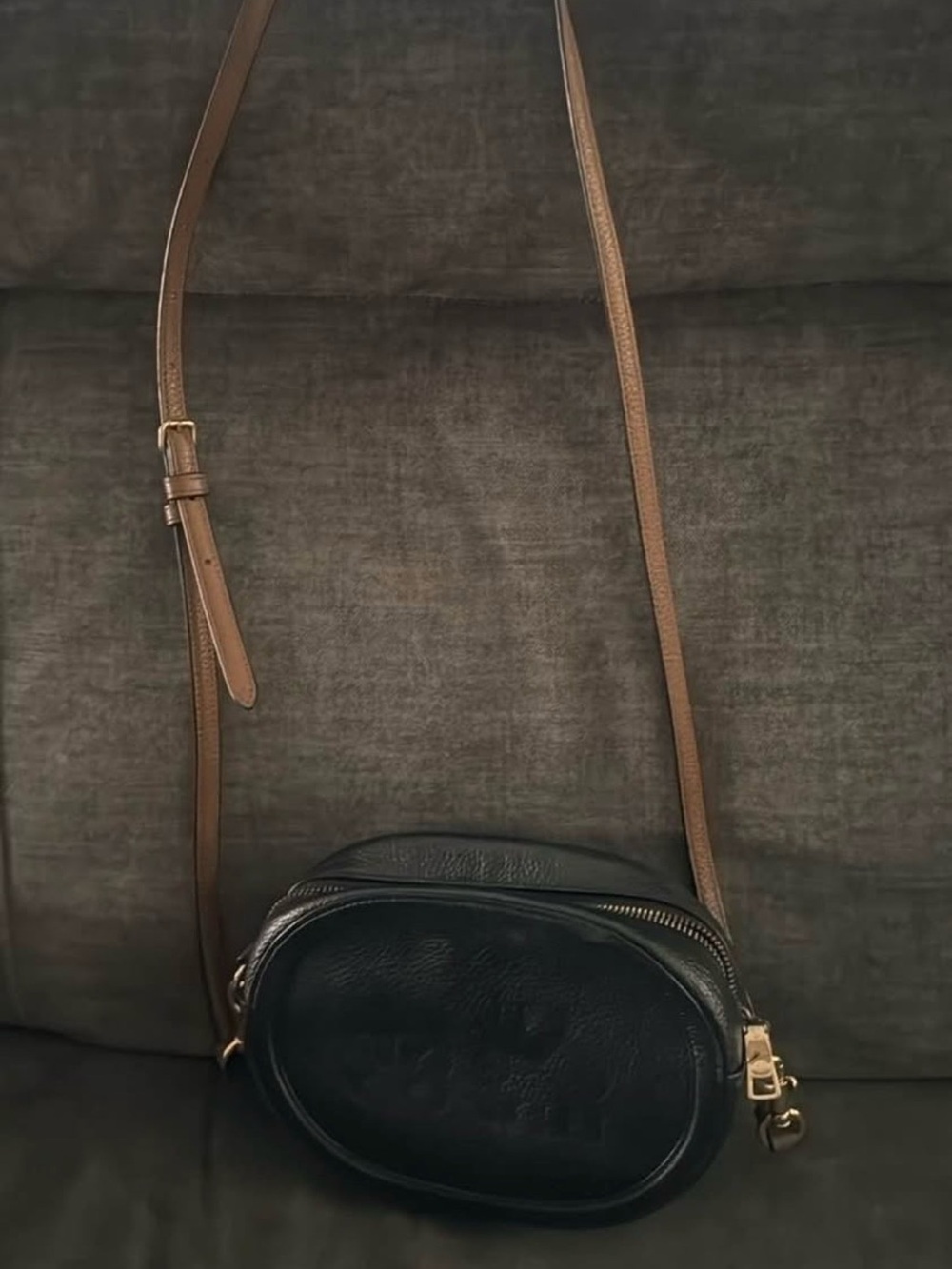 Coach Black Leather Oval Crossbody with Brown Adjustable Strap
